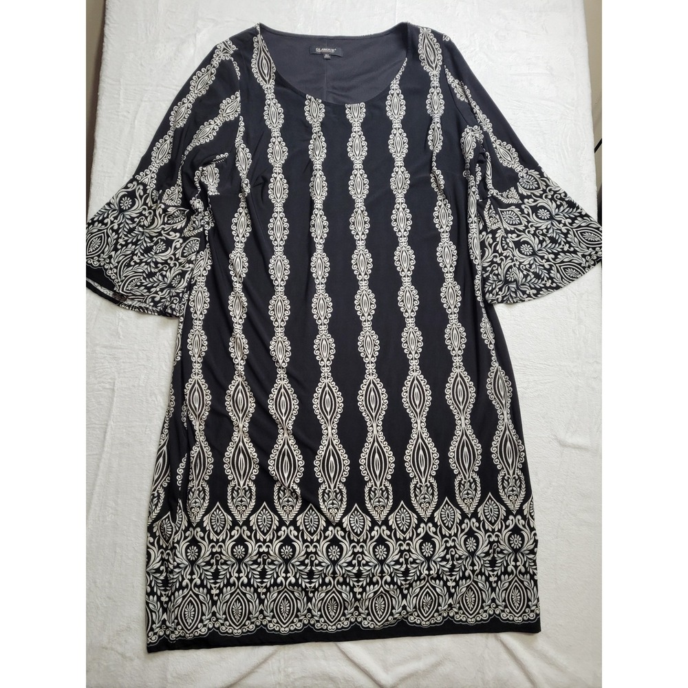 Glamour Shift Dress Womens 18W Black White Bell Sleeve Geometric Damask